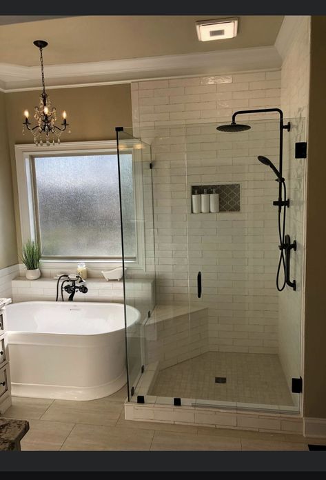 Primary Bath Shower And Tub, Bathrppm Design, Bathroom Remodel Home Depot, Bathroom Remodel Walkin Shower And Tub, Shower And Bath Remodel, Shower And Tub Remodel Ideas, Tub In Front Of Window Layout, Small Bathroom Ideas With Separate Shower And Tub, Large Bathroom With Shower And Tub