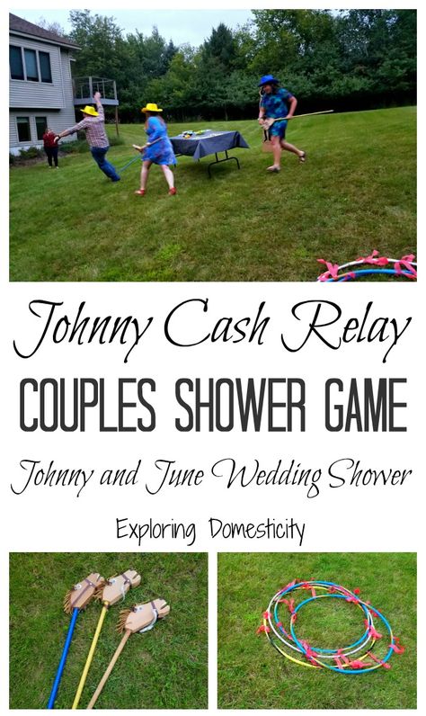 There is nothing more fun than an active game for a couples shower. With a Johnny and June theme, this Johnny Cash Relay Couples Shower Game was a hit! Johnny Cash Party Theme, Wedding Theme Games, Western Party Games, Yellowstone Party, Couples Wedding Shower Games, Couples Shower Themes, Relay Games, Couple Shower Games, Wedding Party Games