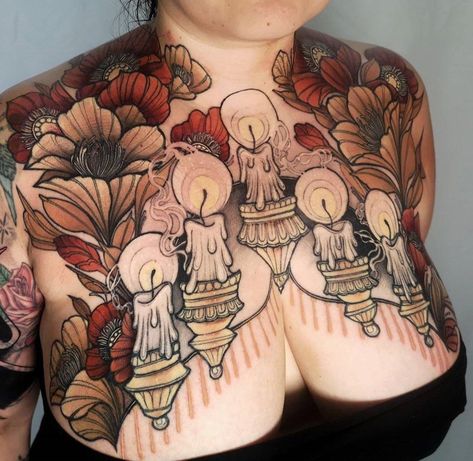 Neoclassical Tattoo, Neo Traditional Chest Tattoo, Traditional Chest Tattoo, Chandelier Tattoo, Backpiece Tattoo, Neo Trad Tattoo, Candle Tattoo, Chest Tattoos For Women, Chest Piece Tattoos