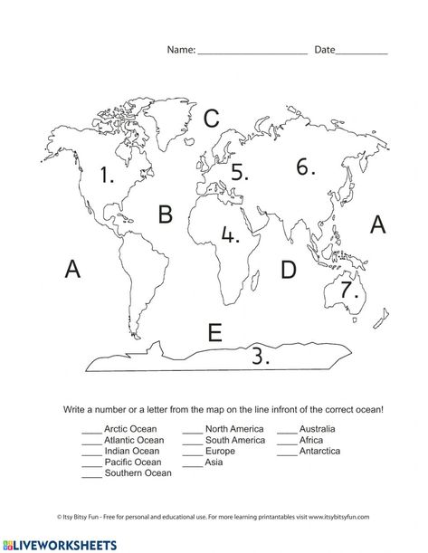 Continents and oceans interactive and downloadable worksheet. You can do the exercises online or download the worksheet as pdf. Oceans Worksheet, Landforms Worksheet, Map Skills Worksheets, 5th Grade Worksheets, Geography Worksheets, Geography For Kids, Continents And Oceans, Map Worksheets, Teaching Geography