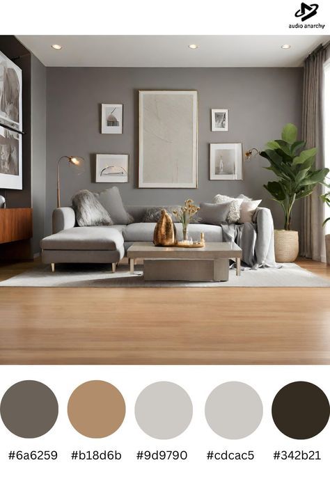 Ash Living Room Ideas, Home Decor Ideas Grey Walls, Light Gray Interior Design, Dark Wood And Grey Living Room, Grey And Wooden Living Room, Gray Color Combinations Living Room, Grey Living Room Palette, Grey Pallet Colour Palettes Living Room, Grey Walls With Brown Furniture