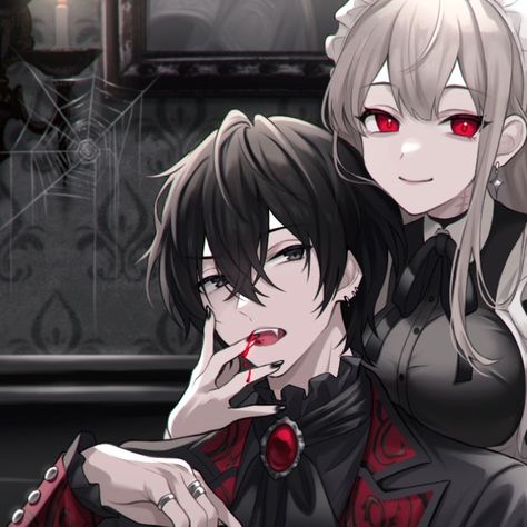 Anime Vampire Matching Pfp, Demon Matching Pfp Couple, Vampire Couple Pfp, Matching Halloween Pfp For Couples, Vampire Matching Pfp Couple, Vampire Matching Icons, Red And Black Matching Pfp, Matching Vampire Pfp, Matching Pfp Vampire