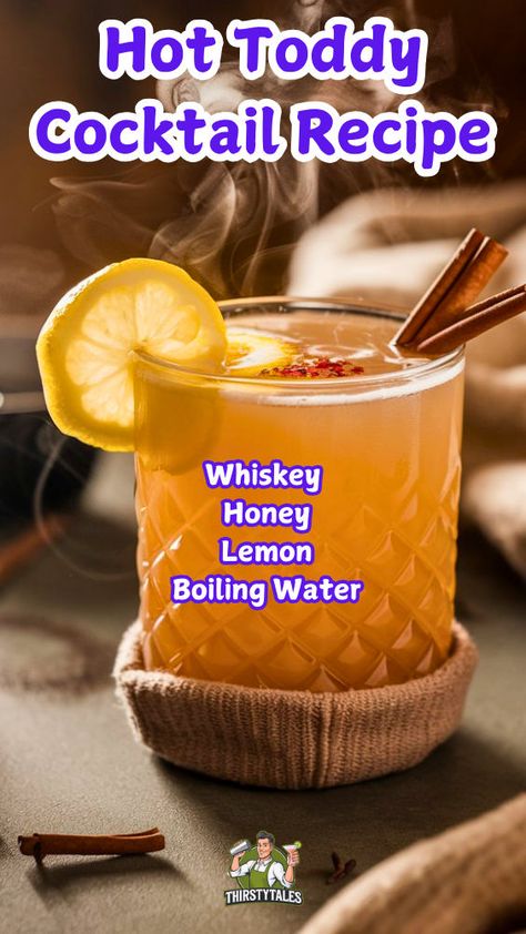 "Warm up your winter nights with this delightful Hot Toddy Recipe! This cozy drink combines whiskey, honey, lemon, and hot water for the perfect comforting beverage. Ideal for chilly evenings, this herbal cocktail is a must-try among warm cocktails. Discover how to make this classic winter cocktail and enjoy a soothing sip that wraps you in warmth. Perfect for gatherings or a quiet night in, this Hot Toddy is sure to become your favorite cozy drink!" Tom And Jerry Recipe Hot Toddy, Hot Toddy Cocktail Recipe, Hoddy Toddy Drink, Hot Buttered Whiskey Recipe, Thanksgiving Hot Alcoholic Drinks, Hotty Toddy Drink For Colds, How To Make Hot Toddy, Fall Hot Drinks Alcohol, Easy Hot Toddy Recipe