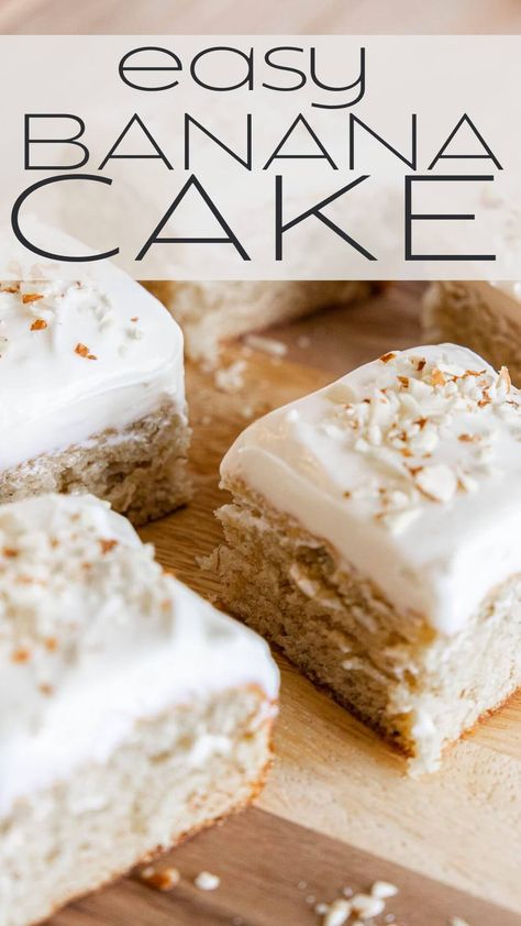 Make the most amazing moist banana cake using overripe bananas. Top it with my favorite cream cheese frosting and enjoy! Banana Cake Cream Cheese Frosting, Banana Bread Cake With Cream Cheese Frosting, Banana Bread Cake Cream Cheese Frosting, Banana Cake With Cream Cheese Frosting, Banana Sour Cream Cake, Baking Summer, Banana Sheet Cakes, Moist Banana Cake, Banana Cake Recipe Easy