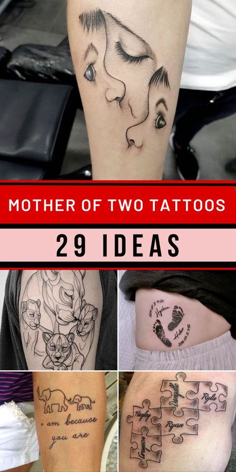 Delicate and Heartfelt: Mother of 2 Tattoo Ideas #tattoosleeve #armtattoo #tats #tattooart #tattooartwork #tattoodesign #tattooinspiration  #blackandgreytattoo #watercolortattoo #irezumi #traditionaltattoo #neotraditionaltattoo  #tattooflash #customtattoo #tattoofreelance #tattooshop #tattoostudio #boldtattoo #fiercetattoo #edgytattoo #powerfultattoo #confidenttattoo Tattoo For Sons, Mother Of 2 Tattoo, Mother Of 2 Tattoo Ideas, Boy Mom Tattoo, Kid Tattoos For Moms, Tattoos Representing Children, Mother And Baby Tattoo, Mother Tattoos For Children, Motherhood Tattoos