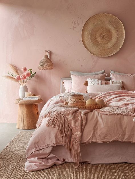 30 Bohemian Bedroom Inspirations for a Whimsical Rest - Home Made Graceful Grounded Aesthetic, Dusty Pink Bedroom, Terracotta Bedroom, Girly Pink Bedroom, Boho Chic Bedroom Decor, Bohemian Bedroom Inspiration, Earthy Pink, Pink Bedroom Walls, Pink Terracotta