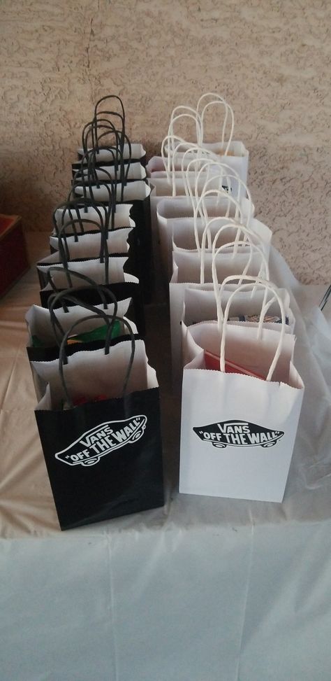 Vans off the wall  themed candy bags Vans Bday Party Ideas, Vans 1st Birthday, Vans First Birthday Party, Skater Themed Party, Black And White Checkered Birthday Party, Vans Off The Wall Birthday Party Theme, Vans First Birthday, Skateboard First Birthday, Vans Themed Party Ideas