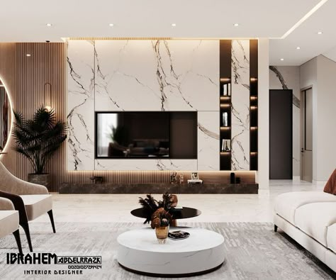 Living Room Tv Wall Marbel, 7 Feet Tv Unit Design, Tv Wall Design Luxury Marble, Interior Design Tv Wall Modern, Contemporary Tv Wall Design Modern, Tv Wall Ideas Modern Luxury, Living Room Tv Wall Luxury, Luxury Tv Wall, Tv Room Decor