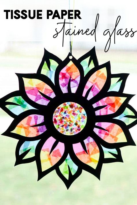 Tissue Paper Stained Glass Flower Craft Paper Sun, Tissue Paper Art, Stained Glass Flower, Tissue Paper Crafts, Window Crafts, Flower Craft, Stained Glass Flowers, Tissue Paper Flowers, Stained Glass Crafts