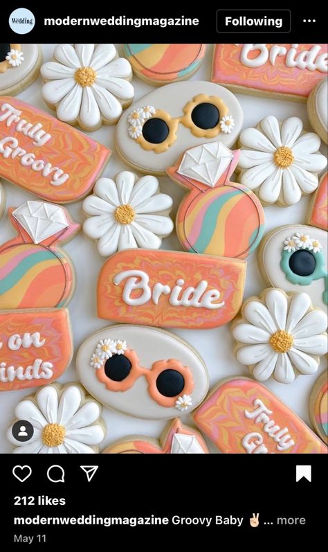 Retro Boho Bridal Showers, 70’s Theme Bachelorette Party, Groovy Bridal Shower Cookies, Groovy Hens Party, Groovy Bachelorette Party Favors, Dazed And Engaged Bachelorette Cookies, Bachelorette Party Groovy, Tie Dye Bachelorette Party, Dazed And Engaged Cookies