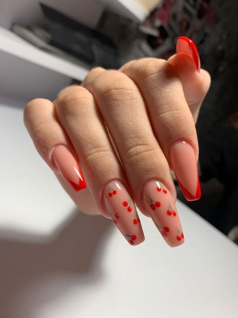 Fancy Gel Nails Design, Almond Nails August, Cute Spring Nails Acrylic Coffin, Acrylic Nails Cherry, Vintage Nails Aesthetic, Cherry Acrylic Nails, Fancy Nail Designs, Red Acrylic Nails, Vintage Nails