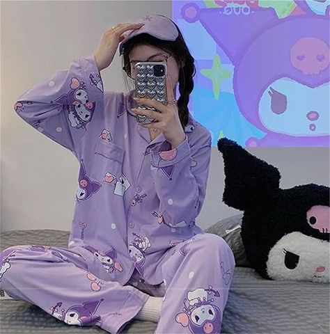 Gift a rebelliously cute Christmas with Sanrio Kuromi comfy pajamas – where coziness meets a touch of edgy charm for sweet dreams! 💜🌙 #KuromiDreamscape #commissionearned Kawaii Pajamas, Cozy Pajamas, Night Suit, Cute Pajamas, Casual Cardigans, Girls Pajamas, Kawaii Clothes, Girl Cartoon