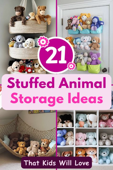 Looking for smart ways to organize your stuffed animals? These 21 stuffed animal storage ideas are not only fun but super practical for keeping your room clutter-free and cozy! #StuffedAnimalStorage #KidsRoomOrganization #ToyStorageIdeas #DeclutteringTips #SpaceSavingSolutions Stuffed Animal Storage For Adults, Best Way To Store Stuffed Animals, Storing Squishmallows, Creative Stuffed Animal Storage, How To Store Squishmallows, How To Organize Stuffed Animals, Stuffies Storage, Stuffed Animal Display Ideas, Kids Stuffed Animal Storage