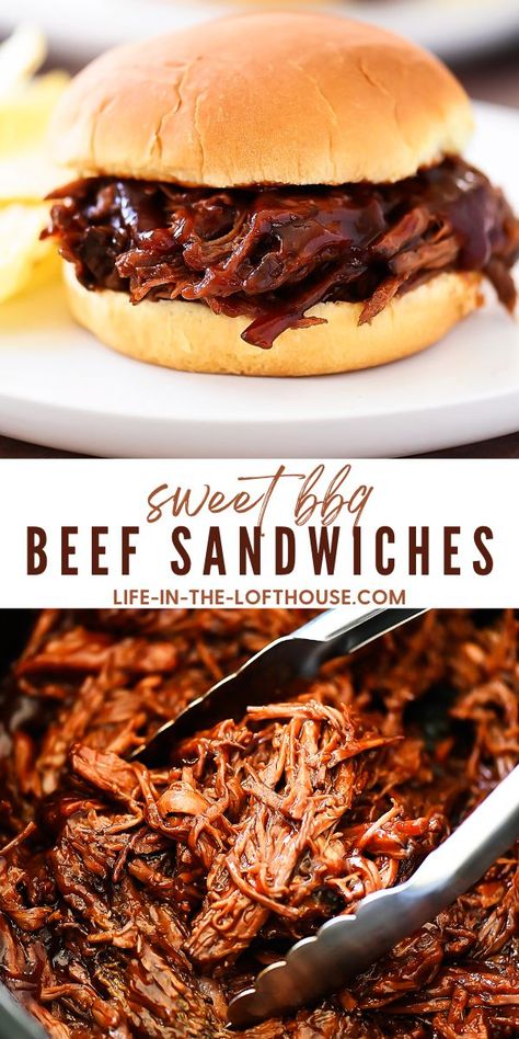 Sweet BBQ Beef Sandwiches Shredded Brisket Recipes Crockpot, Bbq Beef Crockpot, Shredded Beef Sandwiches, Slow Cooker Bbq Beef, Bbq Beef Sandwiches, Beef Barbecue, Beef Sandwich Recipes, Bbq Roast, Barbecue Sandwiches