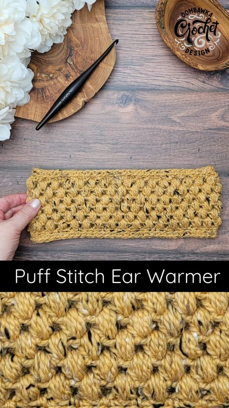 Puff Stitch Ear Warmer Crochet Pattern. Free Pattern in sizes Preemie to Adult. Yarn: City Tweed Aran WeCrochet, Hook: 5.5 mm (I) Furls Streamline Wood Ebony. #freepattern #crochetpattern #earwarmer #puffstitch #wecrochet #furlsinf322 #furlscrochet Ear Warmer Crochet Pattern Free, Earwarmer Crochet Pattern, Crochet A Headband, Crochet Ear Warmer Free Pattern, Ear Warmer Crochet Pattern, Ear Warmer Pattern, Ear Warmer Crochet, Crochet Ear Warmer Pattern, Quick Crochet Gifts