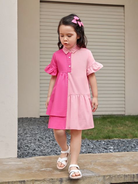 Pink Cute Collar Short Sleeve Woven Fabric Colorblock Shirt Embellished Non-Stretch  Young Girls Clothing Colorblock Shirt, Kids Dress Collection, Shein Kids, Children Wear, Fashion Baby Girl Outfits, Kids Fashion Dress, Kids Frocks