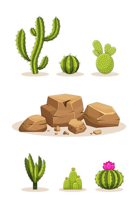 Cactus with thorns and stones. Mexican green plant with spines and rocks. Element of the desert and southern landscape. Cartoon flat vector illustration. Isolated on white background Desert Plants Illustration, Desert Cartoon, Desert Illustration, Southern Landscape, Vector Snowflake, Cactus Cartoon, Desert Trees, Plant Cartoon, Cactus Illustration