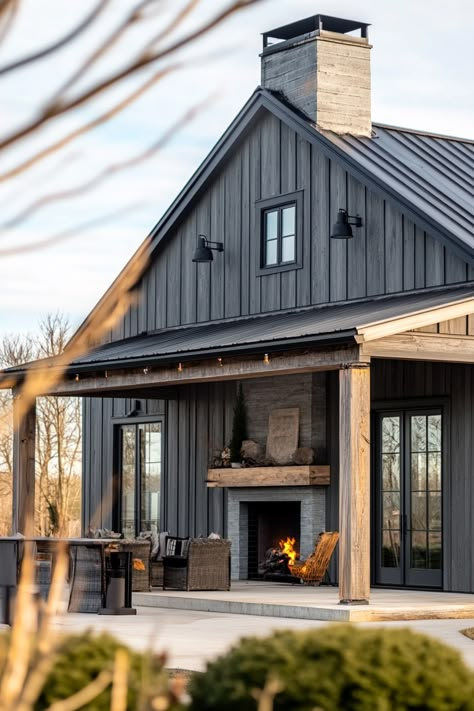 ♥ Looking for inspiration for your dream barndominium? Explore these modern and affordable barndominium ideas with a stylish black exterior and open floor interior design. Whether you prefer rustic or farmhouse style, this collection has something for everyone. 🏡🌿 #barndominiums #barndominiumideas #modernbarndominium #rusticbarndominium #farmhousestyle One Floor Modern Farmhouse, A Frame Porch Ideas, Farmhouse Exterior Paint Ideas, Small Farmhouse Barndominium, Black Farmhouse Interior Design, Barndominium Addition To House, Barndominium Front Porch Ideas, Most Affordable House To Build, Unique Exterior Design