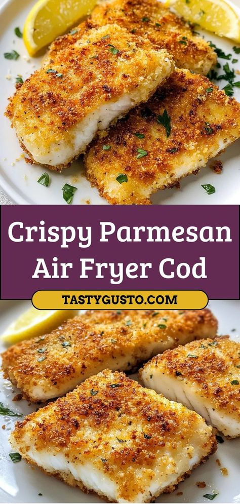 Crispy Parmesan Air Fryer Cod is flaky cod fillets coated in a golden Parmesan crust, air-fried to perfection. Ingredients: 2 cod fillets 1/4 cup Parmesan cheese 1/4 cup breadcrumbs 1 egg A crispy, flavorful fish dish perfect for a healthy dinner Recipes For Cod Fillets Healthy, Oven Fried Cod Recipes, Air Fried Cod Recipes, Cod Dinner Recipes Meals, Cod In Air Fryer Healthy, Fish Dinner Ideas Healthy, Air Fryer Crispy Cod, Fillet Recipes Fish, Recipes Using Cod Fillets