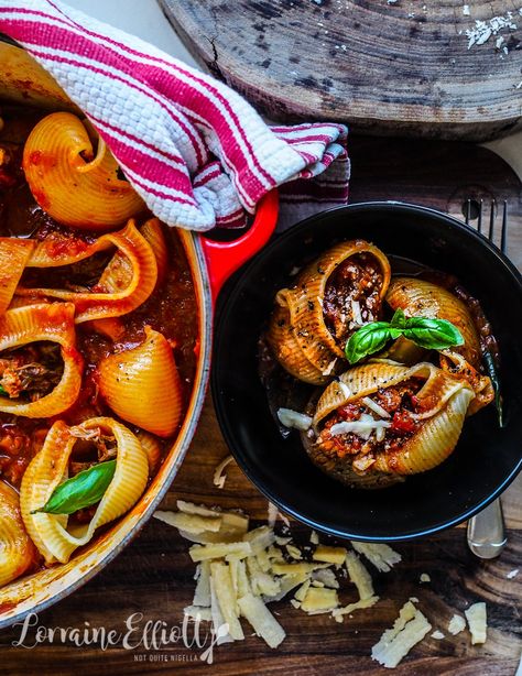 Lumaconi Pasta Stuffed with Slow Cooked Pork Rib Ragu @ Not Quite Nigella Lumaconi Recipe, Ragu Pasta, Pork Ragu, Slow Cooked Pork, Hearty Comfort Food, Pasta Shells, Sweet Italian Sausage, Slow Cooked Meals, Italian Dinner