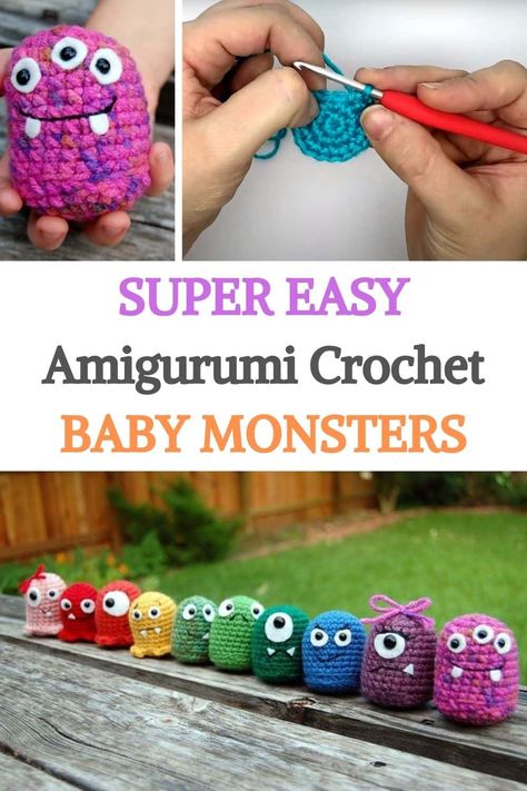 Crochet Amigurumi Quick, Crochet Pocket Monster, Crochet Mini Monster Free Pattern, Super Easy Amigurumi, Single Color Amigurumi, Simple Crochet Projects For Beginners Learning, Super Beginner Crochet, Easy Crochet Stuffies For Beginners, Crochet Worry Monster