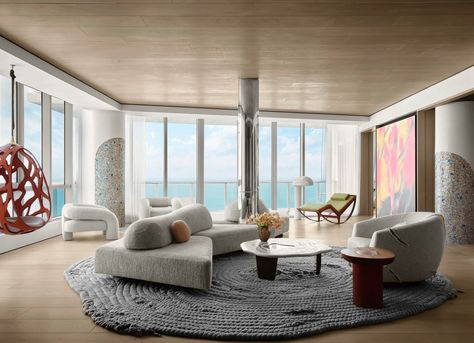 Miami Beach Apartment, Apartment In Miami, Miami Interiors, Miami Apartment, Ceramic Floor Lamps, Penthouse Design, Cozy Den, Barbie Dream House, French Oak