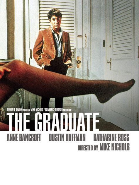 The Graduate (1967) - Recent college graduate Benjamin Braddock is trapped into an affair with Mrs. Robinson, who happens to be the wife of his father's business partner and then finds himself falling in love with her daughter, Elaine. The Graduate Movie, The Graduate 1967, Best Romantic Comedies, Katharine Ross, Mike Nichols, Anne Bancroft, Dustin Hoffman, The Graduate, Academy Award