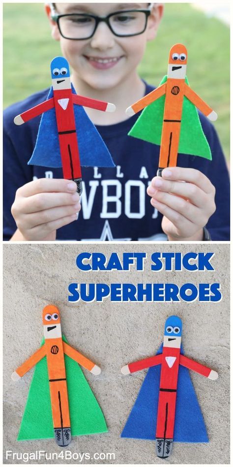 Great toddler activity! Make your own super heroes out of craft sticks! Superhero Popsicle Sticks, Popsicle Stick Superhero Craft, Craft Sticks Ideas For Kids, Superhero Crafts For Kids, Make A Superhero, Superhero Craft, Superhero Crafts, Children Crafts, Craft Sticks