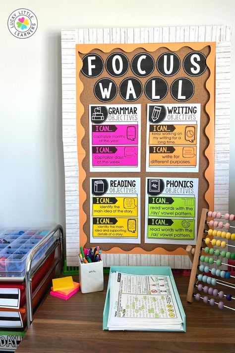 Classroom Board Configuration, Learning Target Bulletin Board Ideas, Subject Bulletin Boards Elementary, What We’re Learning Bulletin Board, I Can Statement Bulletin Board Ideas, Focus Bulletin Boards, Small Group Bulletin Board, Anchor Our Learning Bulletin Board, Student Information Bulletin Board