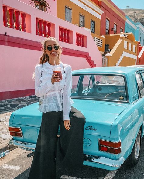 Popping colors of Bo-Kaap for @azzedinealaiaofficial x @netaporter with the most photographed street & car in Cape Town - Couldn't say no when the owner allowed me to pretend the car is mine.💁🏼🌈🚙 #Netaporter #OCxNetaporter #Alaia #CapeTown Anzeige Town Instagram Pictures, Cape Town Food, South Africa Vacation, Cape Town Fashion, Cape Town Travel, Africa Vacation, Town Outfits, Leonie Hanne, South Africa Travel