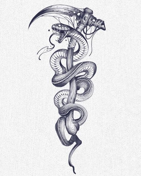 Tattoo Crane, Snake And Dagger Tattoo, 42 Tattoo, Cobra Tattoo, Serpent Tattoo, Snake Drawing, Snake Tattoo Design, Geniale Tattoos, Tattoo Style Drawings