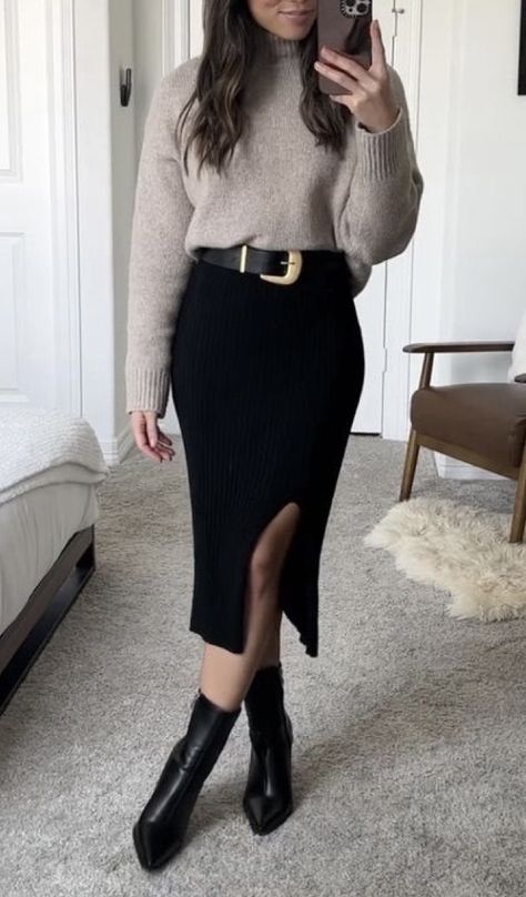 Casual Black Bodycon Dress Outfit, Long Sweater And Skirt Outfits, Work Outfits With Sweaters, Black Knit Pencil Skirt Outfit, Black Turtleneck And Skirt, Black Pencil Skirt Fall Outfit, Skirt Tights And Sweater Outfit, Slip Skirt Sweater Outfit, Straight Black Skirt Outfit