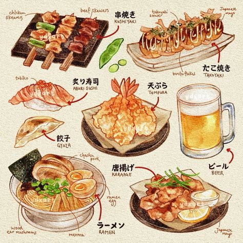 yd 🐻 | Izakaya foods 🏮🍜 🍣🍺 | Instagram Food Reference Drawing, Cartoon Cafe, Japanese Cookbook, Food Drawing Ideas, Food Zine, Tavern Food, Food Art Illustration, Pixel Food, Pixel Art Food