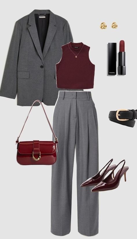 Gray Clothes Aesthetic, Red Gray Aesthetic, Gray And Red Aesthetic, Gray And Red Outfit, Grey And Red Outfits, Red And Gray Outfit, Gray Suit Women, Grey Suit Women, Red Bag Outfit