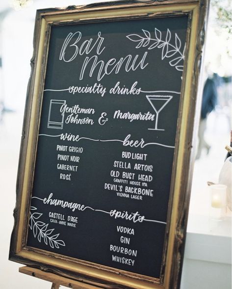 Chalk Drink Menu Board Ideas, Drink Menu Chalkboard, Bar Menu Chalkboard, Menu Board Diy, Chalkboard Bar, Wedding Chalk, Wedding Drink Menu, Happy Hour Menu, Bar Signage