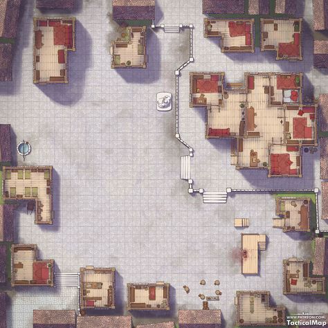 The spacious square is perfect for a major decisive battle in the city center. Be careful, rumor has it that the mayor has scrolls of mass defeat spells! If you like this battle map, check my Patreon. https://www.patreon.com/tacticalmap Pen And Paper Games, Fantasy City Map, Dnd World Map, Building Map, Architecture Drawing Sketchbooks, Battle Map, Tabletop Rpg Maps, Map Pictures, Rpg Maps