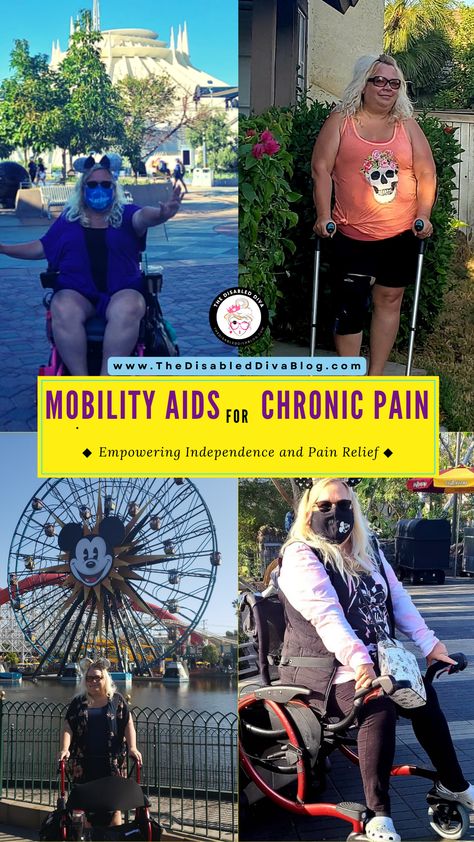 White, blonde woman featured in four photos using different mobility aids. A pink power wheelchair, crutches, rollator with seat, and Zeen. Health Vision Board, Ehlers Danlos Syndrome Awareness, Chronic Pain Awareness, Caregiver Resources, Chronic Pain Relief, Living With Chronic Illness, Spoonie Life, Ehlers Danlos, Free Lifestyle