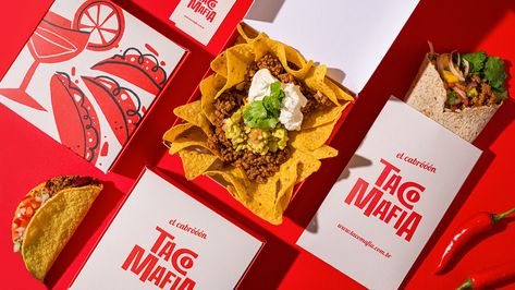 PSNDesign - - World Brand Design Society / Taco Mafia is a Mexican restaurant that is born in Curitiba - Brazil and its purpose is to be totally out of the box and stand out with a strong presence and extreme personality. It was necessary to use few colors in the project to make the printing of all delivery packages cheaper, but this was no problem. The result is a striking identity using... Burrito Packaging Design, Taco Branding Design, Taco Restaurant Branding, Mexican Food Packaging Design, Mexican Food Branding, Mexican Food Packaging, Mexican Restaurant Branding, Nachos Packaging, Mexican Packaging