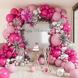 Deiiom Hot Pink Silver Balloons Arch Garland Kit-Macaron Pink Balloon Hot Pink Explosion Star Foil Balloon 151Pcs for Princess Birthday,Graduation,Bachelorette,Baby Shower,Christmas Party Decorations. Pink White Balloon Garland, Princess Theme Party Decorations, Pink Explosion, White Balloon Garland, Princess Theme Party, Silver Balloon, Garland Arch, Princess Theme, Pearl Pink