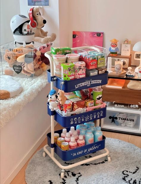 Snack Rack Aesthetic, Snack Trolley Aesthetic, Snack Cart Bedroom, Cute Snack Cart, Snack Cart For Room, Snacks Cart, Snack Carts, Snack Rack, Snack Cart