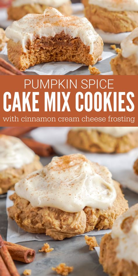 Pumpkin Spice Cake Mix Cookies! Easy Pumpkin Cookies with Cinnamon Cream Cheese Frosting! Fall Cake Mix Cookies for Thanksgiving or Halloween! So easy to make! #lemonpeony #pumpkin #cakemixcookies #cookies #pumpkincookies #cinnamon #pumpkinspice Pumpkin Cookies 2 Ingredients, Pumpkin Cookies Using Spice Cake, Spice Cake And Pumpkin Cookies, Pumpkin Cookies From Cake Mix Recipes, Pumpkin Cake Cookies Easy, Pumpkin Cookies With Cake Mix Easy, Pumpkin Cake Cookies, Spice Cake Mix Cookies, Pumpkin Spice Cake Mix