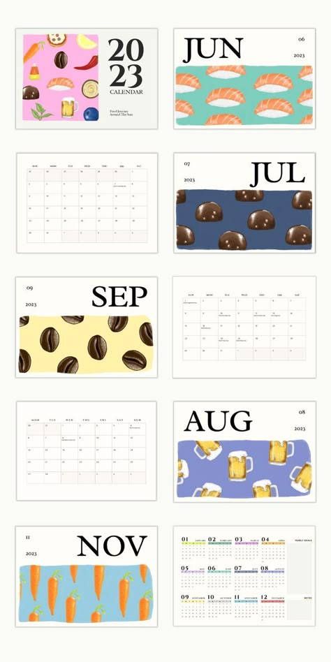 Food theme calendar. Full 12-month Digital Calendar for planning. Colorful hand-drawn food illustrations that highlight International Food Days of the World. Use as digital planner, or print it out and hang it in your kitchen, pantry, or room as a wall calendar decor. Calendar Design Layout, Food Calendar, Calendar Design Inspiration, Meal Calendar, Illustration Calendar, Large Wall Calendar, 달력 디자인, Calendar Layout, Canvas Collage