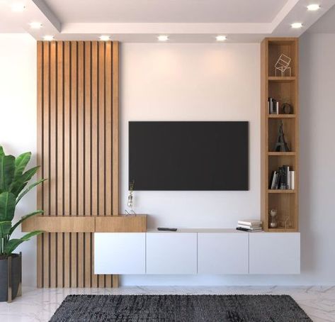 Shelves On Slat Wall, Slatted Wall Tv, Wooden Panneling Design Living Room, Tv Komode Ideas, Tv Wall Wallpaper Ideas, Fluted Wall Panel Tv, Tv Slat Wall, Slat Wall Tv, Accent Tv Wall