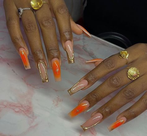 Orange And Gold Nails, Ginger Nails, Orange Aura Nails, Nails Styles, Spa Wellness, Nail Room, Colored Acrylic, Colored Acrylic Nails, Jhene Aiko