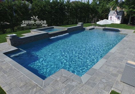 Hamptons Style Pool Designs - Swim-Mor Pools and Spas Rectangle Pool Ideas, Hamptons Style Pool, Geometric Pool Designs, Pool Party Ideas, Geometric Pool, Back Garden Ideas, Rectangle Pool, Florida Pool, Living Pool