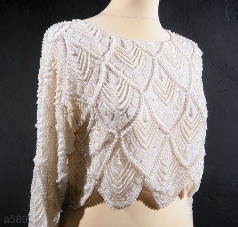 vintage beaded tops | Vintage Silk Beaded Bolero Beaded Bolero, Beaded Crop Top, Wedding Bolero, Bolero Top, Bolero Wedding, Wedding Blouse, White Long Sleeve Top, Beaded Wedding, Indian Designer Outfits