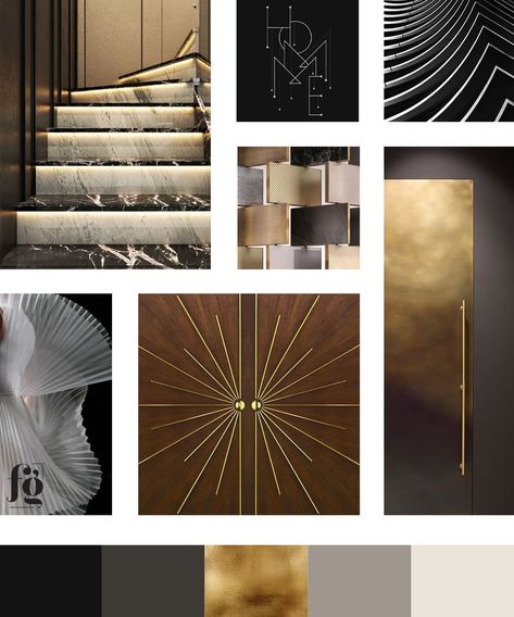 Moodboard and color palette for Marbe Designs. Luxurious, art deco, stylish, geometric. Luxury Color Palette Branding Gold, Art Deco Colour Palette, Art Deco Moodboard, Contemporary Art Deco Interior, Art Deco Color Scheme, Art Deco Branding, Art Deco Color Palette, Basic Logo Design, Art Deco Mood Board