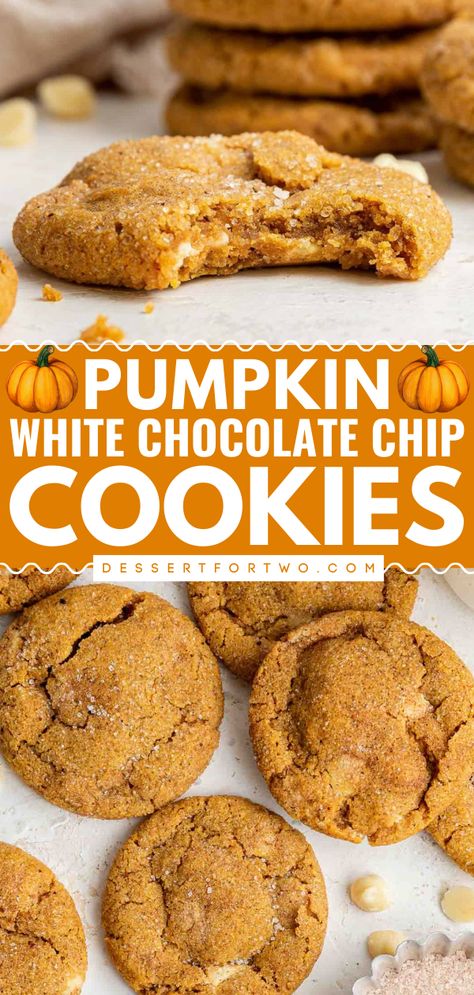 Want a simple dessert this season? Here's an easy fall recipe featuring soft and chewy pumpkin cookies! Along with a snickerdoodle taste, these are the BEST Pumpkin White Chocolate Chip Cookies! Pumpkin White Chip Cookies, White Chip Recipes, Simple Fall Baking Recipes, Chocolate Chip Snickerdoodle Cookies, Pumpkin Snickerdoodle Cookies Recipes, Cookie Recipes No Chocolate, Simple Thanksgiving Cookies, Fall Baking Pumpkin, Quick And Easy Fall Desserts