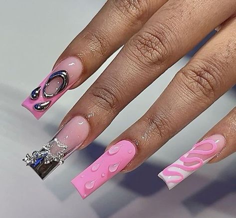 Pink Silver Nails, Silver And Pink Nails, May Calendar, 2024 Nails, Long Acrylic Nail Designs, Hard Nails, Drip Nails, Colored Acrylic Nails, Girly Acrylic Nails