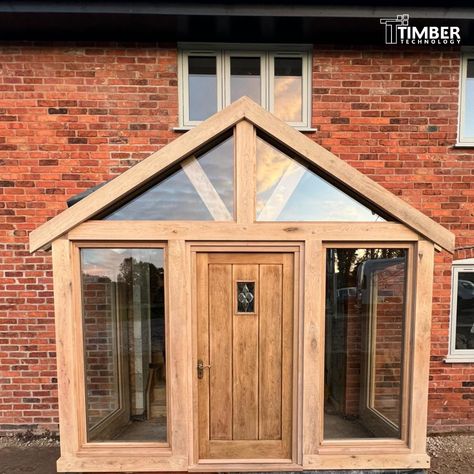 🏡Introducing our latest masterpiece – An Oak and Glass Porch! Elevating this home’s entrance with the timeless beauty of oak and the modern elegance of glass. Ready to elevate your homes with precision and style? Look no further! Contact Timber Technology today for all your bespoke Carpentry and Joinery solutions. Our talented team are here to help bring your ideas to life. Don’t wait – lets create something extraordinary together. Oak Glass Porch, External Porch Ideas, Front Porch Extension Ideas Uk, Oak Porch Ideas, Wooden Front Porch Ideas, Inside Porch Ideas Entrance, External Porch, Wooden Porch Ideas, Porches Ideas Entrance